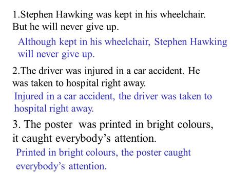 1.Stephen Hawking was kept in his wheelchair. But he will never give up. Although kept in his wheelchair, Stephen Hawking will never give up. 3. The poster.