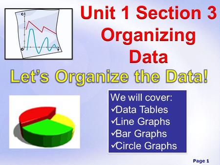 Page 1 We will cover: Data Tables Line Graphs Bar Graphs Circle Graphs We will cover: Data Tables Line Graphs Bar Graphs Circle Graphs.