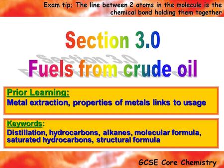 GCSE Core Chemistry Exam tip; The line between 2 atoms in the molecule is the chemical bond holding them together Keywords: Distillation, hydrocarbons,