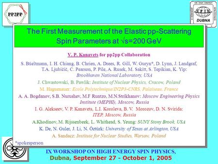 The First Measurement of the Elastic pp-Scattering Spin Parameters at  s=200 GeV V. P. Kanavets for pp2pp Collaboration S. Bűeltmann, I. H. Chiang, B.