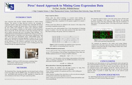 Ptree * -based Approach to Mining Gene Expression Data Fei Pan 1, Xin Hu 2, William Perrizo 1 1. Dept. Computer Science, 2. Dept. Pharmaceutical Science,