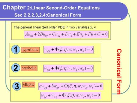 The general linear 2ed order PDE in two variables x, y. Chapter 2:Linear Second-Order Equations Sec 2.2,2.3,2.4:Canonical Form 1 2 3 Canonical Form.