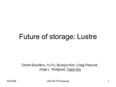 03/03/09USCMS T2 Workshop1 Future of storage: Lustre Dimitri Bourilkov, Yu Fu, Bockjoo Kim, Craig Prescott, Jorge L. Rodiguez, Yujun Wu.