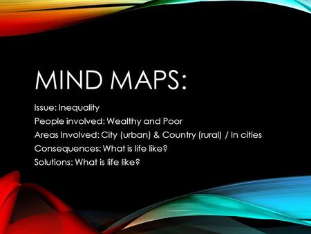MIND MAPS: Issue: Inequality People involved: Wealthy and Poor Areas Involved: City (urban) & Country (rural) / In cities Consequences: What is life like?