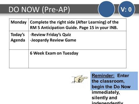 MondayComplete the right side (After Learning) of the RM 5 Anticipation Guide. Page 15 in your INB. Today’s Agenda -Review Friday’s Quiz -Jeopardy Review.