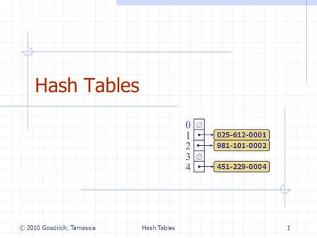 Hash Tables1   0 1 2 3 4 451-229-0004 981-101-0002 025-612-0001 © 2010 Goodrich, Tamassia.