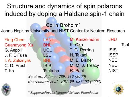 Structure and dynamics of spin polarons induced by doping a Haldane spin-1 chain Collin Broholm * Johns Hopkins University and NIST Center for Neutron.