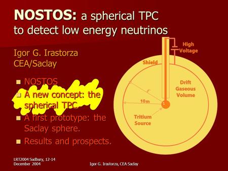LRT2004 Sudbury, 12-14 December 2004Igor G. Irastorza, CEA Saclay NOSTOS: a spherical TPC to detect low energy neutrinos Igor G. Irastorza CEA/Saclay NOSTOS.