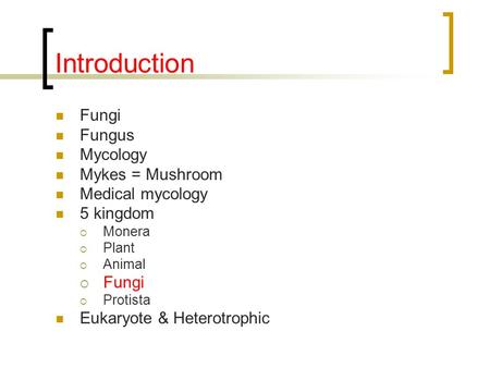 Introduction Fungi Fungus Mycology Mykes = Mushroom Medical mycology