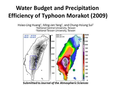 Water Budget and Precipitation Efficiency of Typhoon Morakot (2009) Hsiao-Ling Huang 1, Ming-Jen Yang 1, and Chung-Hsiung Sui 2 1 National Central University,