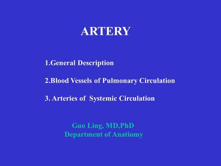 1.General Description 2.Blood Vessels of Pulmonary Circulation 3. Arteries of Systemic Circulation Guo Ling, MD,PhD Department of Anatiomy ARTERY.