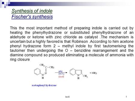 Synthesis of indole Fischer's synthesis