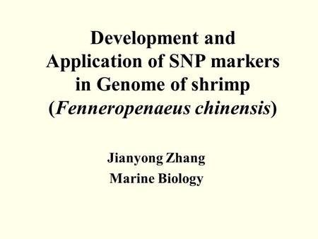 Development and Application of SNP markers in Genome of shrimp (Fenneropenaeus chinensis) Jianyong Zhang Marine Biology.