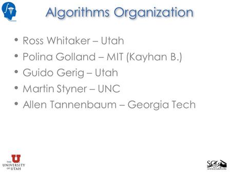 Algorithms Organization Ross Whitaker – Utah Polina Golland – MIT (Kayhan B.) Guido Gerig – Utah Martin Styner – UNC Allen Tannenbaum – Georgia Tech.