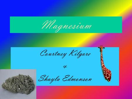 Magnesium Courtney Kilgore & Shayla Edmonson. Magnesium  Chemical symbol - Mg  Atomic number - 12  Atomic mass - 24.305  The group number - 2  The.