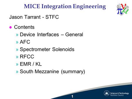 MICE Integration Engineering Jason Tarrant - STFC l Contents »Device Interfaces – General »AFC »Spectrometer Solenoids »RFCC »EMR / KL »South Mezzanine.