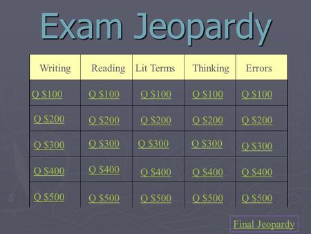Exam Jeopardy Writing ReadingLit TermsThinking Errors Q $100 Q $200 Q $300 Q $400 Q $500 Q $100 Q $200 Q $300 Q $400 Q $500 Final Jeopardy.
