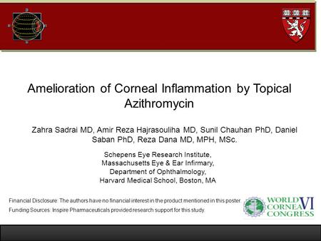 Amelioration of Corneal Inflammation by Topical Azithromycin Zahra Sadrai MD, Amir Reza Hajrasouliha MD, Sunil Chauhan PhD, Daniel Saban PhD, Reza Dana.