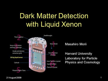 Dark Matter Detection with Liquid Xenon Masahiro Morii Harvard University Laboratory for Particle Physics and Cosmology 21 August 2009 1.