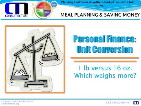 Copyright 2014 © W. Seth Hunter ConsumerMath.org L5.3 Unit Conversion Planning healthy meals within a budget can save a lot of money. 1 lb versus 16 oz.