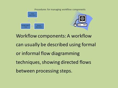 Procedures for managing workflow components Workflow components: A workflow can usually be described using formal or informal flow diagramming techniques,