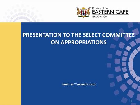 PRESENTATION TO THE SELECT COMMITTEE ON APPROPRIATIONS DATE: 24 TH AUGUST 2010 1.