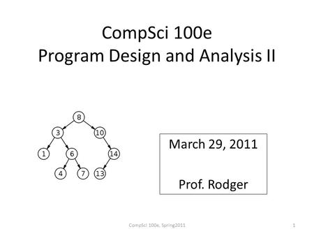 CompSci 100e Program Design and Analysis II March 29, 2011 Prof. Rodger CompSci 100e, Spring20111.