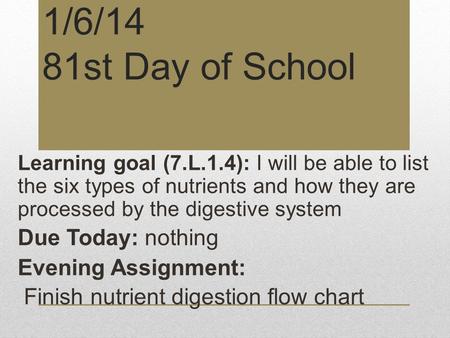 1/6/14 81st Day of School Learning goal (7.L.1.4): I will be able to list the six types of nutrients and how they are processed by the digestive system.