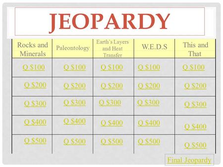 JEOPARDY Rocks and Minerals Paleontology Earth’s Layers and Heat Transfer W.E.D.S This and That Q $100 Q $200 Q $300 Q $400 Q $500 Q $100 Q $200 Q $300.