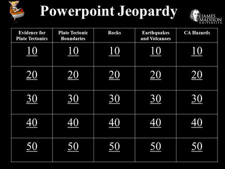 Powerpoint Jeopardy Evidence for Plate Tectonics Plate Tectonic Boundaries RocksEarthquakes and Volcanoes CA Hazards 10 20 30 40 50.