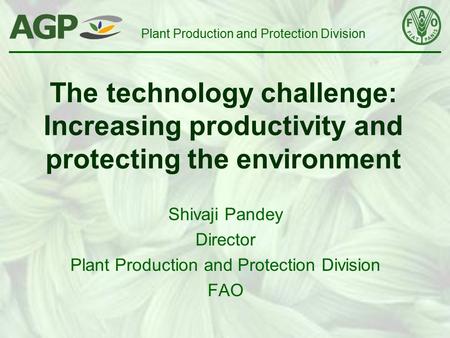 The technology challenge: Increasing productivity and protecting the environment Shivaji Pandey Director Plant Production and Protection Division FAO Plant.