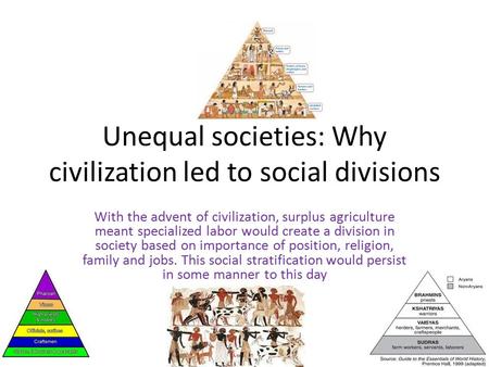 Unequal societies: Why civilization led to social divisions With the advent of civilization, surplus agriculture meant specialized labor would create a.
