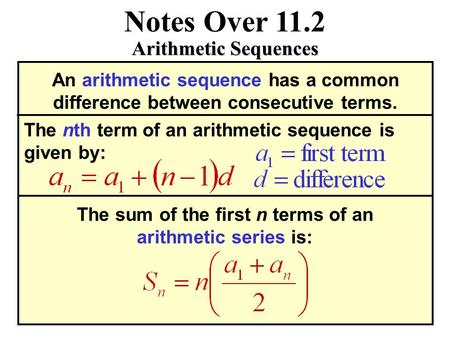 Notes Over 11.2 Arithmetic Sequences An arithmetic sequence has a common difference between consecutive terms. The sum of the first n terms of an arithmetic.