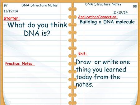 11/19/14 Starter: What do you think DNA is? 11/19/14 DNA Structure Notes Application/Connection: Building a DNA molecule DNA Structure Notes 97 98 Practice: