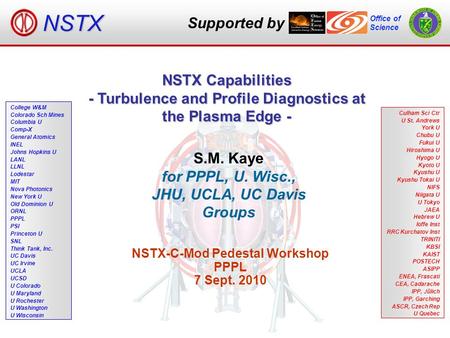Supported by Office of Science NSTX S.M. Kaye for PPPL, U. Wisc., JHU, UCLA, UC Davis Groups NSTX-C-Mod Pedestal Workshop PPPL 7 Sept. 2010 NSTX Capabilities.