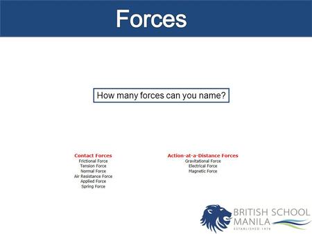 How many forces can you name?. Objectives Know a range of different forces and understand when they are present. Key terms: Force, effect, motion, balanced,