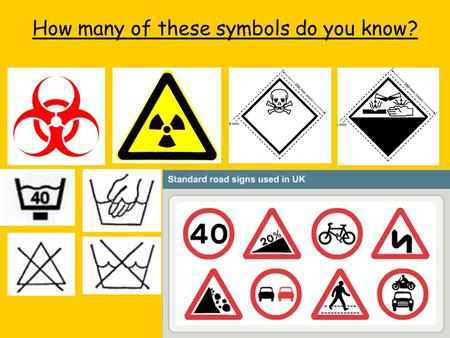 How many of these symbols do you know?. BiohazardRadiation ToxicCorrosive 40 C washHand wash No BleachDo not wash.