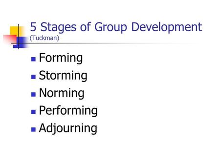 5 Stages of Group Development (Tuckman) Forming Storming Norming Performing Adjourning.
