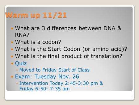 Warm up 11/21 What are 3 differences between DNA & RNA? What is a codon? What is the Start Codon (or amino acid)? What is the final product of translation?