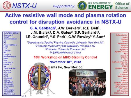 Active resistive wall mode and plasma rotation control for disruption avoidance in NSTX-U S. A. Sabbagh 1, J.W. Berkery 1, R.E. Bell 2, J.M. Bialek 1,