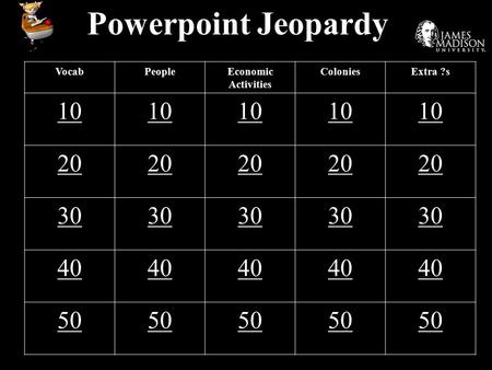 Powerpoint Jeopardy VocabPeopleEconomic Activities ColoniesExtra ?s 10 20 30 40 50.