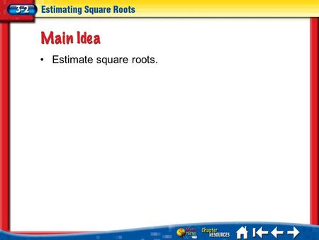 Lesson 3-2 Ideas/Vocabulary Estimate square roots.