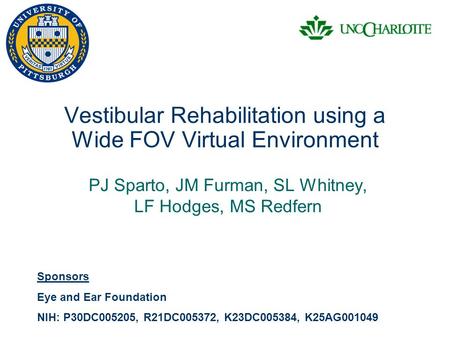 Vestibular Rehabilitation using a Wide FOV Virtual Environment PJ Sparto, JM Furman, SL Whitney, LF Hodges, MS Redfern Sponsors Eye and Ear Foundation.