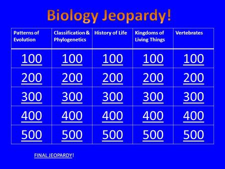 Patterns of Evolution Classification & Phylogenetics History of LifeKingdoms of Living Things Vertebrates 100 200 300 400 500 FINAL JEOPARDYFINAL JEOPARDY!