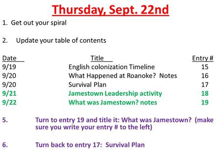 Thursday, Sept. 22nd 1. Get out your spiral 2. Update your table of contents DateTitle Entry # 9/19English colonization Timeline15 9/20What Happened at.