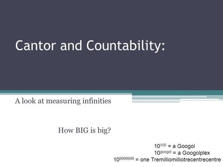 Cantor and Countability: A look at measuring infinities How BIG is big? 10 100 = a Googol 10 googol = a Googolplex 10 9999999 = one Tremilliomilliotrecentrecentre.