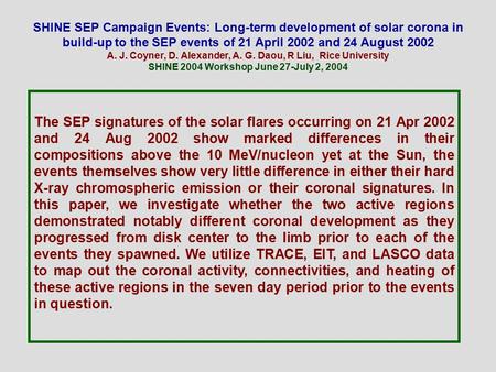 SHINE SEP Campaign Events: Long-term development of solar corona in build-up to the SEP events of 21 April 2002 and 24 August 2002 A. J. Coyner, D. Alexander,