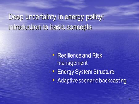 1 Deep uncertainty in energy policy: introduction to basic concepts Resilience and Risk management Energy System Structure Adaptive scenario backcasting.
