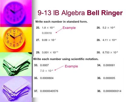 9-13 IB Algebra Bell Ringer Example. 9-13 IB Algebra Agenda IB Algebra- 1) Practice (Gr) 7min 2) Practice (Gr) 7min 3) Share/Questions (Gr) 9min 4) Practice.