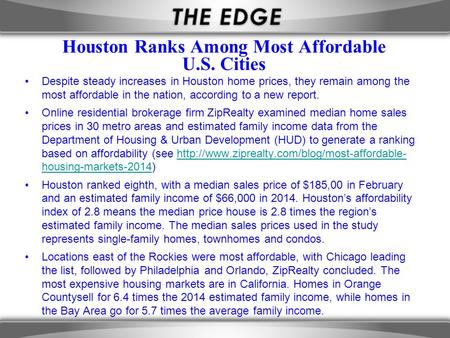 Houston Ranks Among Most Affordable U.S. Cities Despite steady increases in Houston home prices, they remain among the most affordable in the nation, according.